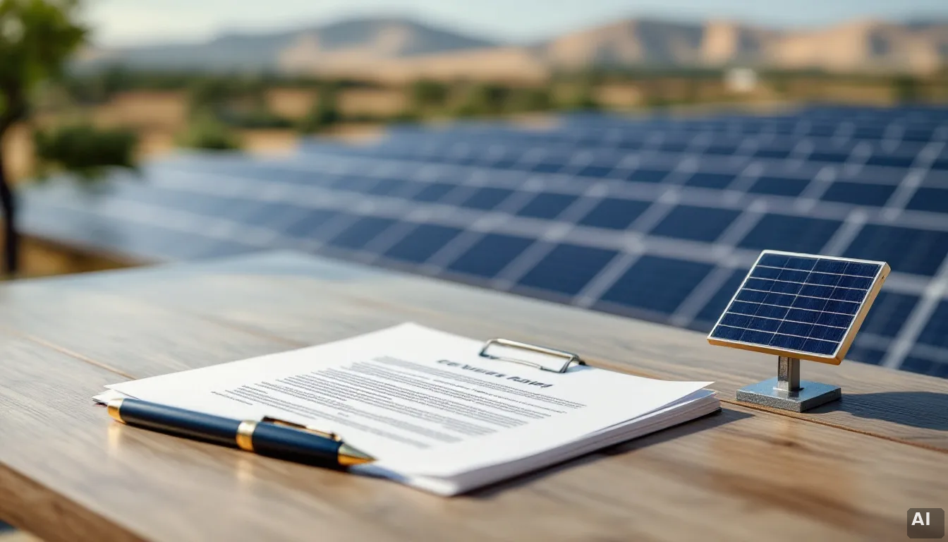 Documentación legal y modelo de panel solar sobre mesa de trabajo de instaladora solar