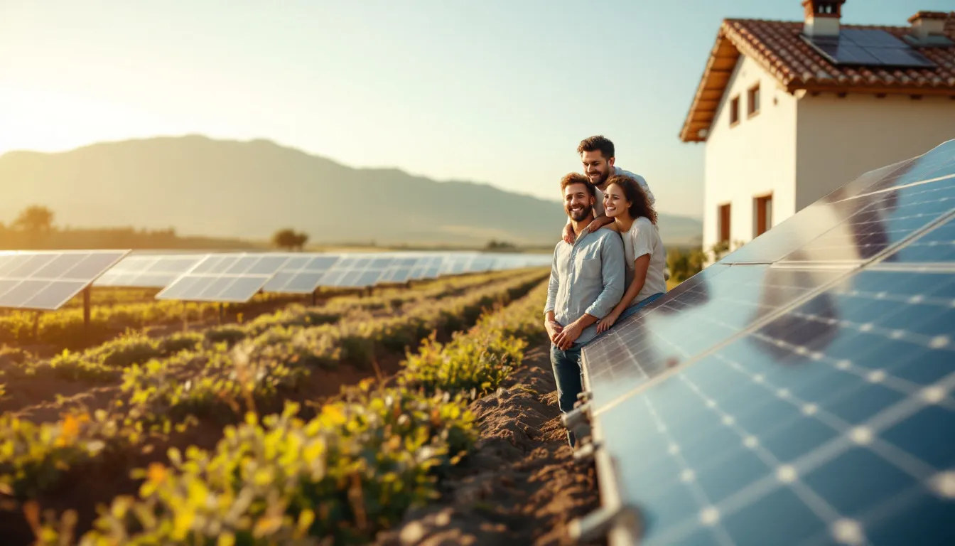 Familia española frente a su casa con paneles solares instalados, representando el impacto real de la fotovoltaica en la reducción de emisiones de CO2