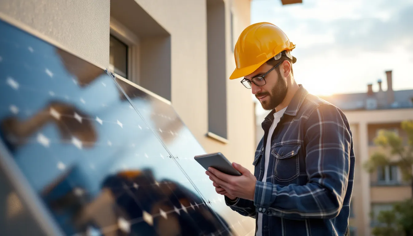 Instalador solar revisando documentación digital en tablet frente a edificio residencial con paneles solares