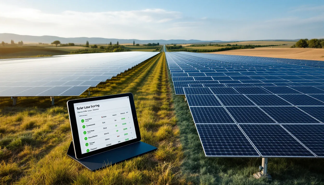Panel de cualificación de leads solares con indicadores de viabilidad en tablet