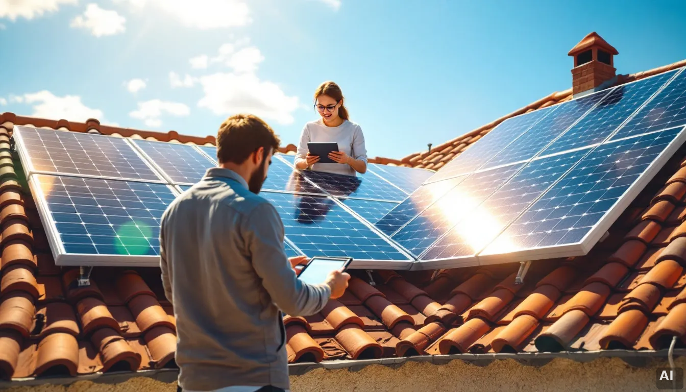 Instalación de placas solares en tejado residencial español bajo el sol de la tarde