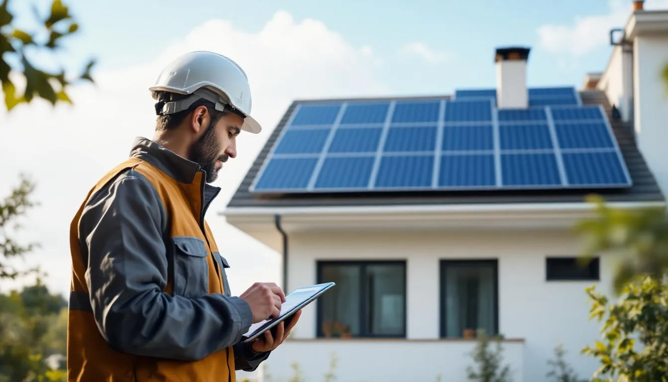 Instalador solar revisando datos de instalación fotovoltaica residencial en España