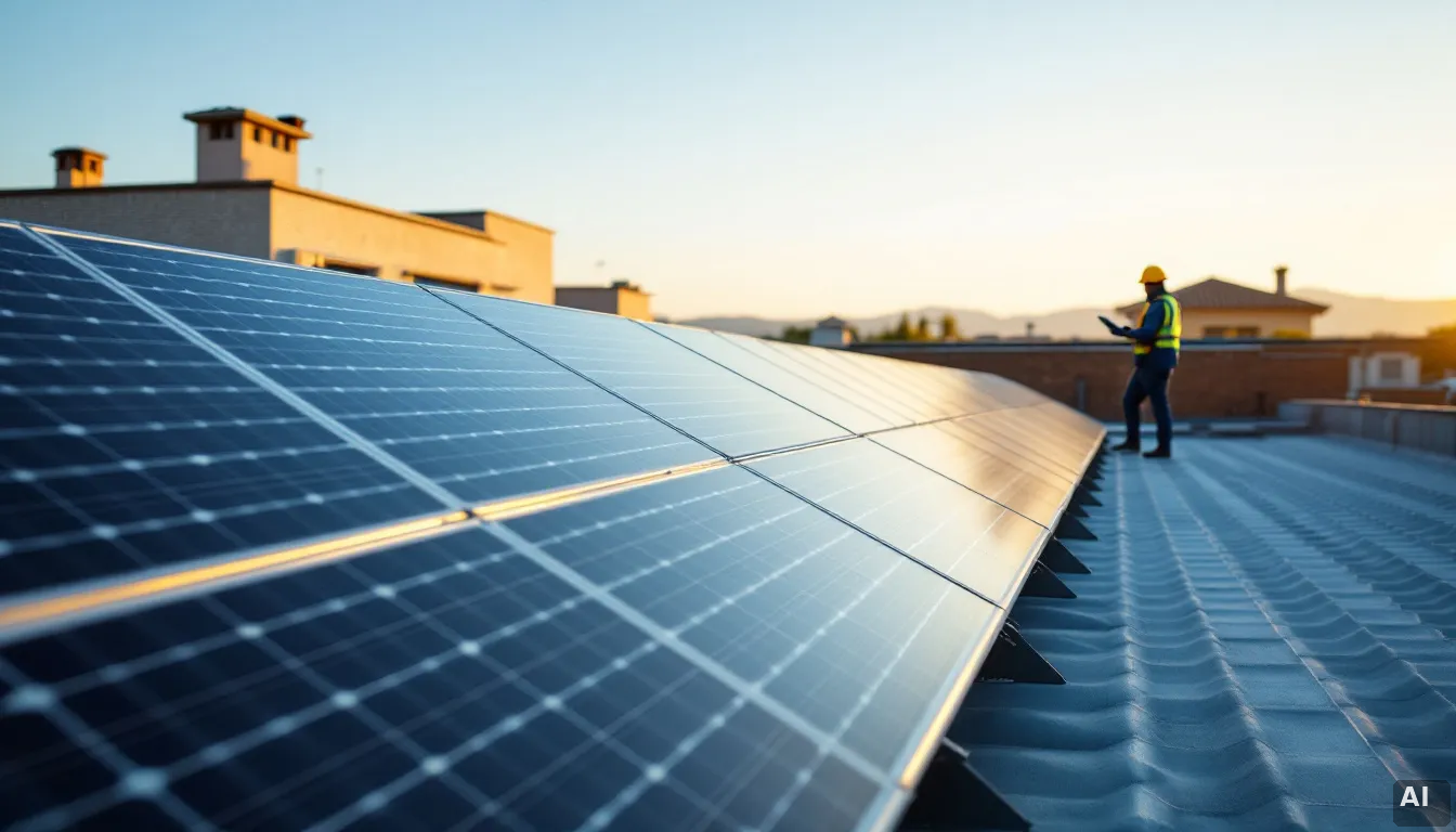 Instalador solar profesional revisando datos en tejado con instalación completa de autoconsumo residencial