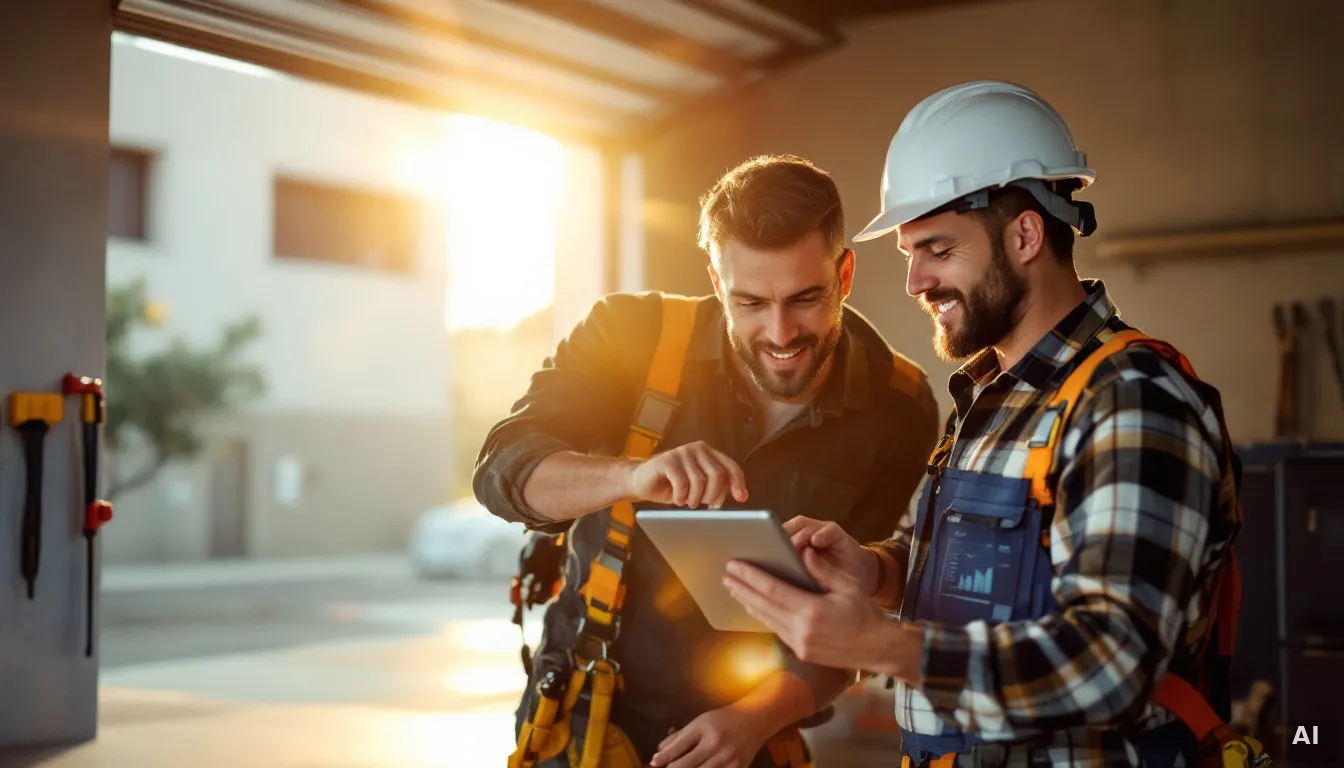Comercial de instaladora solar revisando datos de ventas en tablet dentro de furgoneta de trabajo