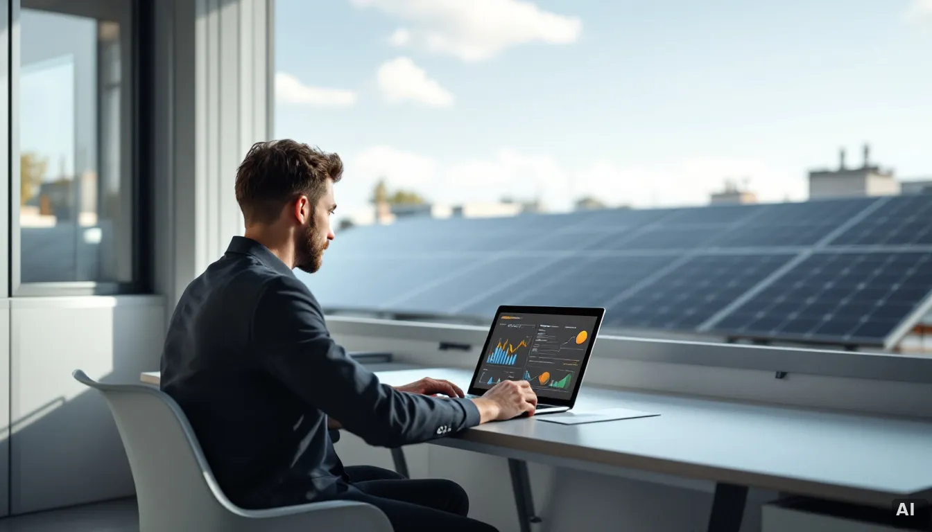 Comercial de instaladora solar analizando datos de ventas en caída con récords de producción fotovoltaica en Europa