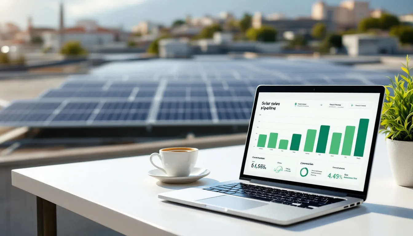 Dashboard de ventas solar con métricas de conversión en pantalla de ordenador