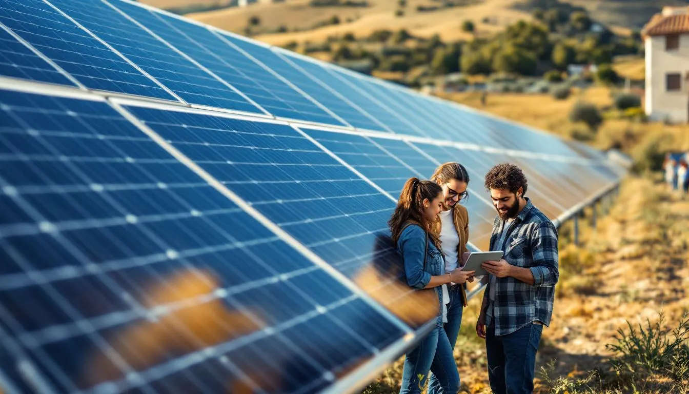 Vecinos compartiendo datos de energía solar en comunidad energética española