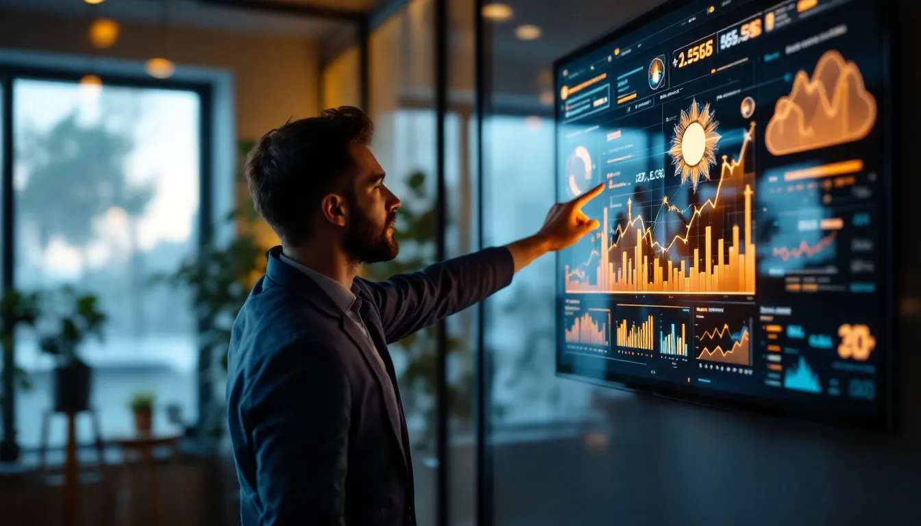 Ejecutivo revisando datos de autoconsumo solar en pantalla de oficina moderna