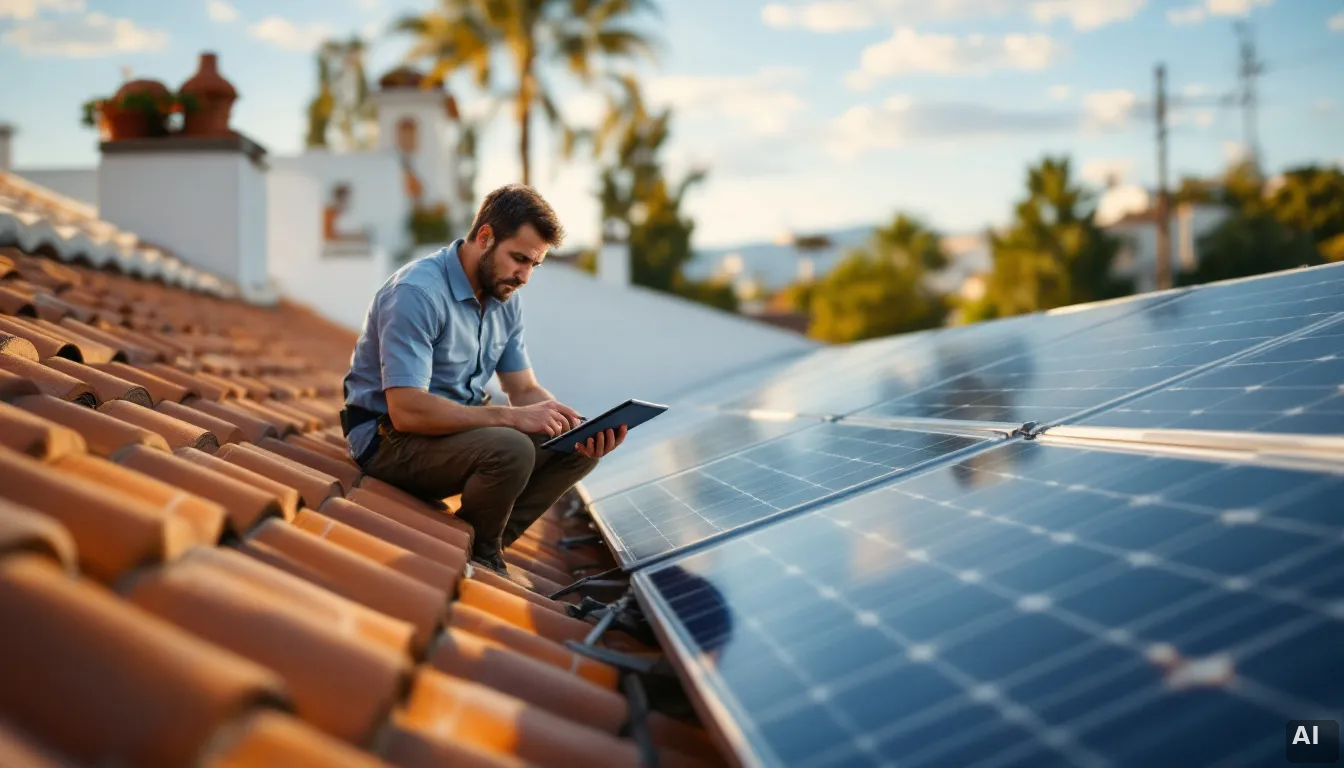 Instalador solar revisando datos de ventas en una tablet dentro de su furgoneta