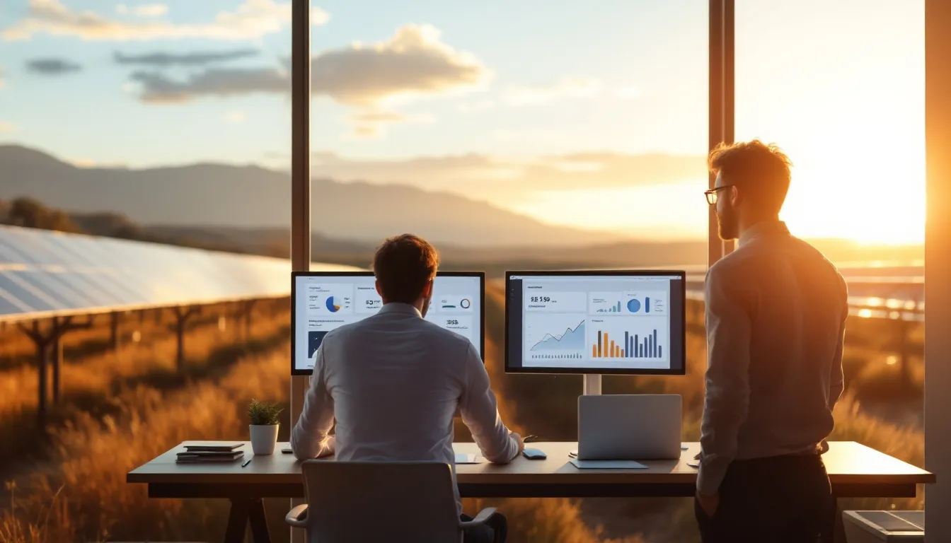 Equipo de instaladora solar revisando métricas de automatización de email en oficina moderna
