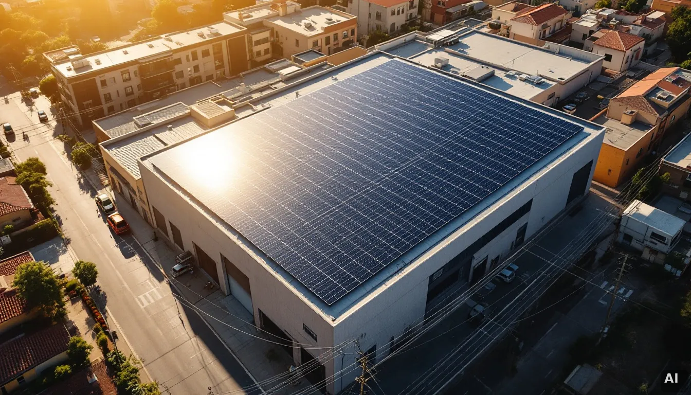 Vista aérea de tejados con paneles solares en barrio residencial español bajo el sol de mediodía