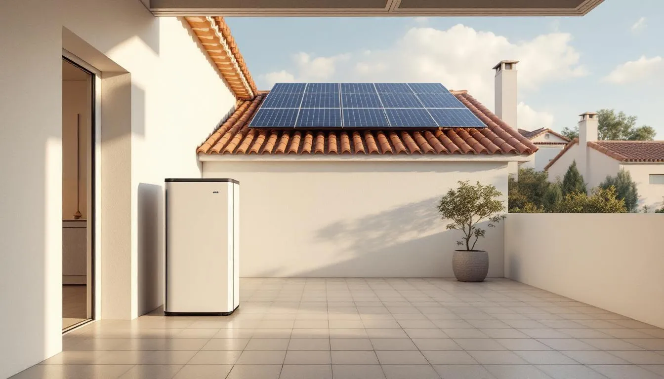 Sistema de batería solar instalado en vivienda residencial española con paneles solares en tejado