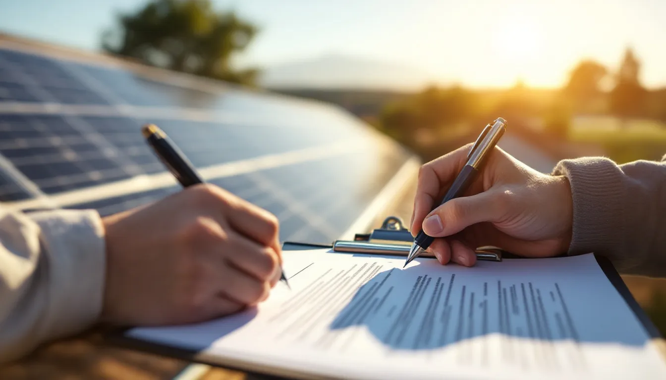 Firma de contrato de instalación solar con paneles en el fondo