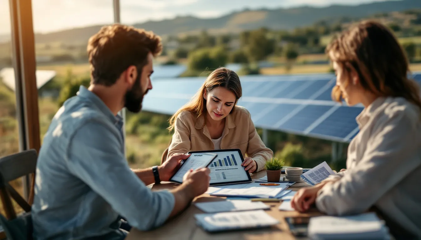 Comercial solar mostrando propuesta energética a cliente en su hogar
