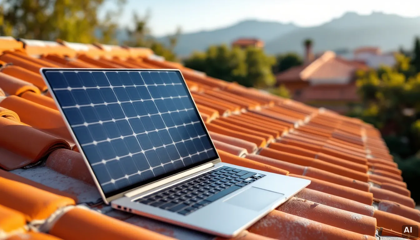 Analista financiero revisando datos de inversión solar con modelo de panel en escritorio