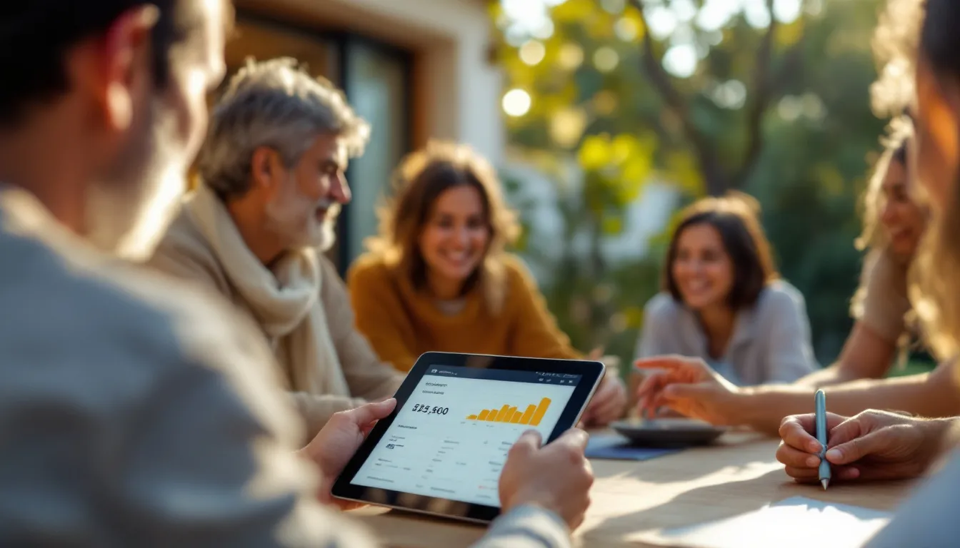 Vecinos revisando datos de consumo compartido en comunidad energética solar