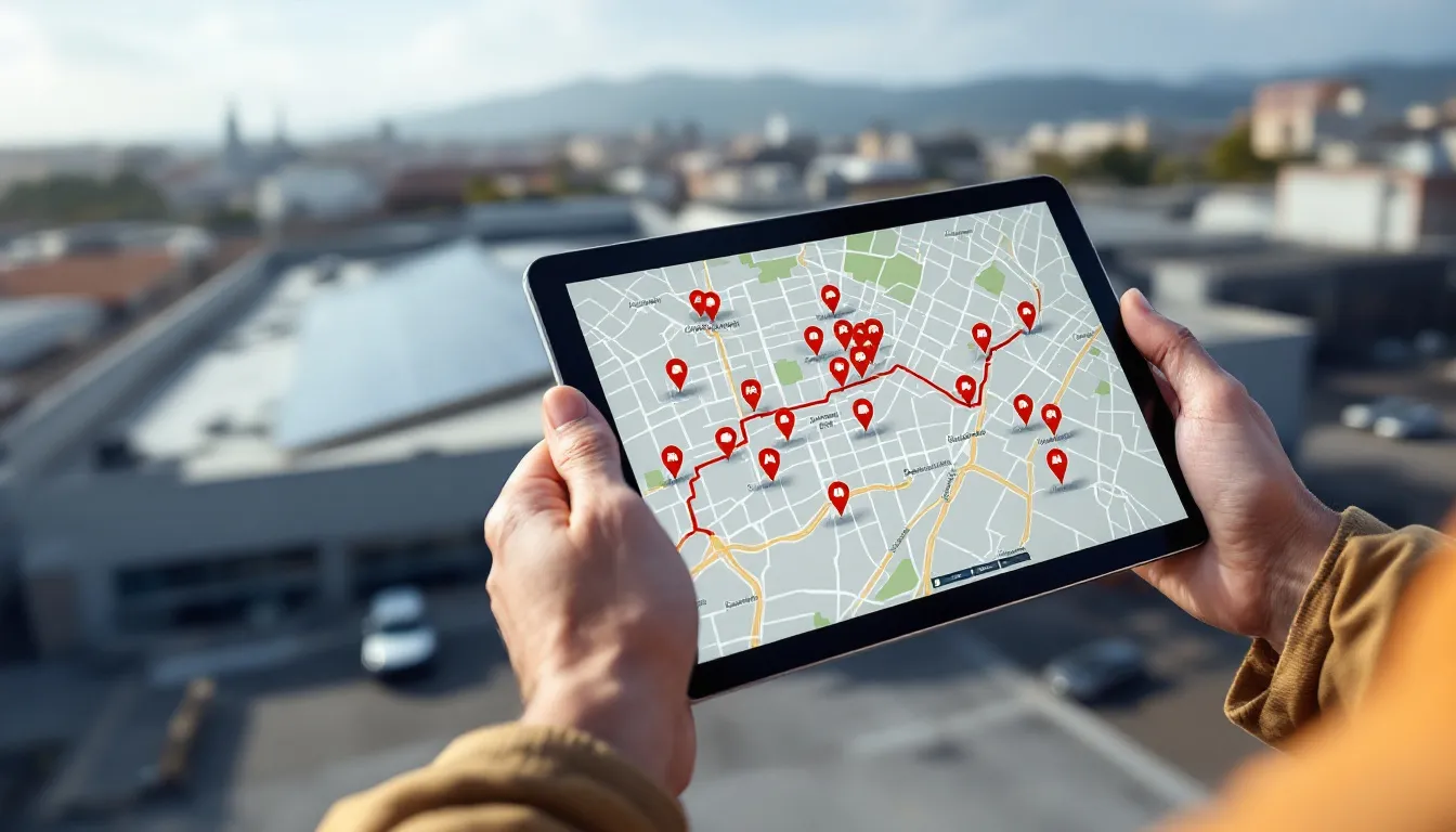 Técnico solar consultando rutas optimizadas por IA en tablet