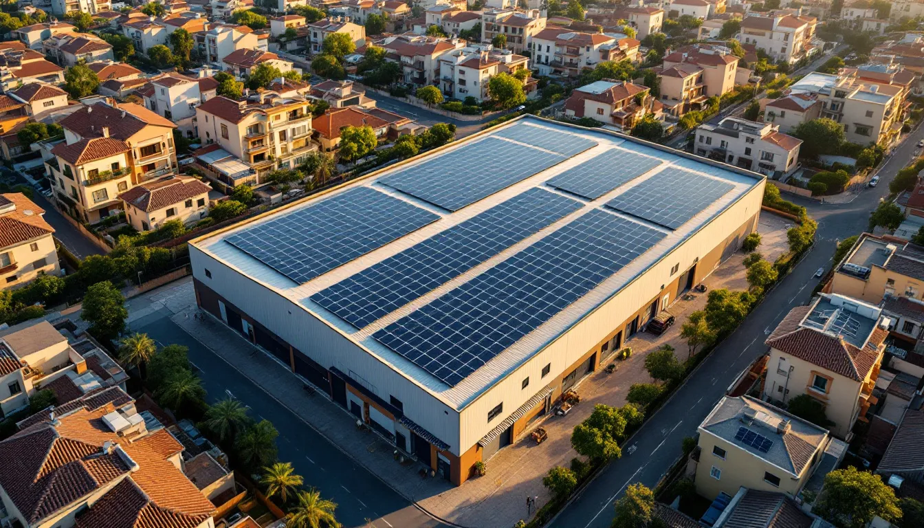 Barrio residencial español con paneles solares y sistemas de almacenamiento energético