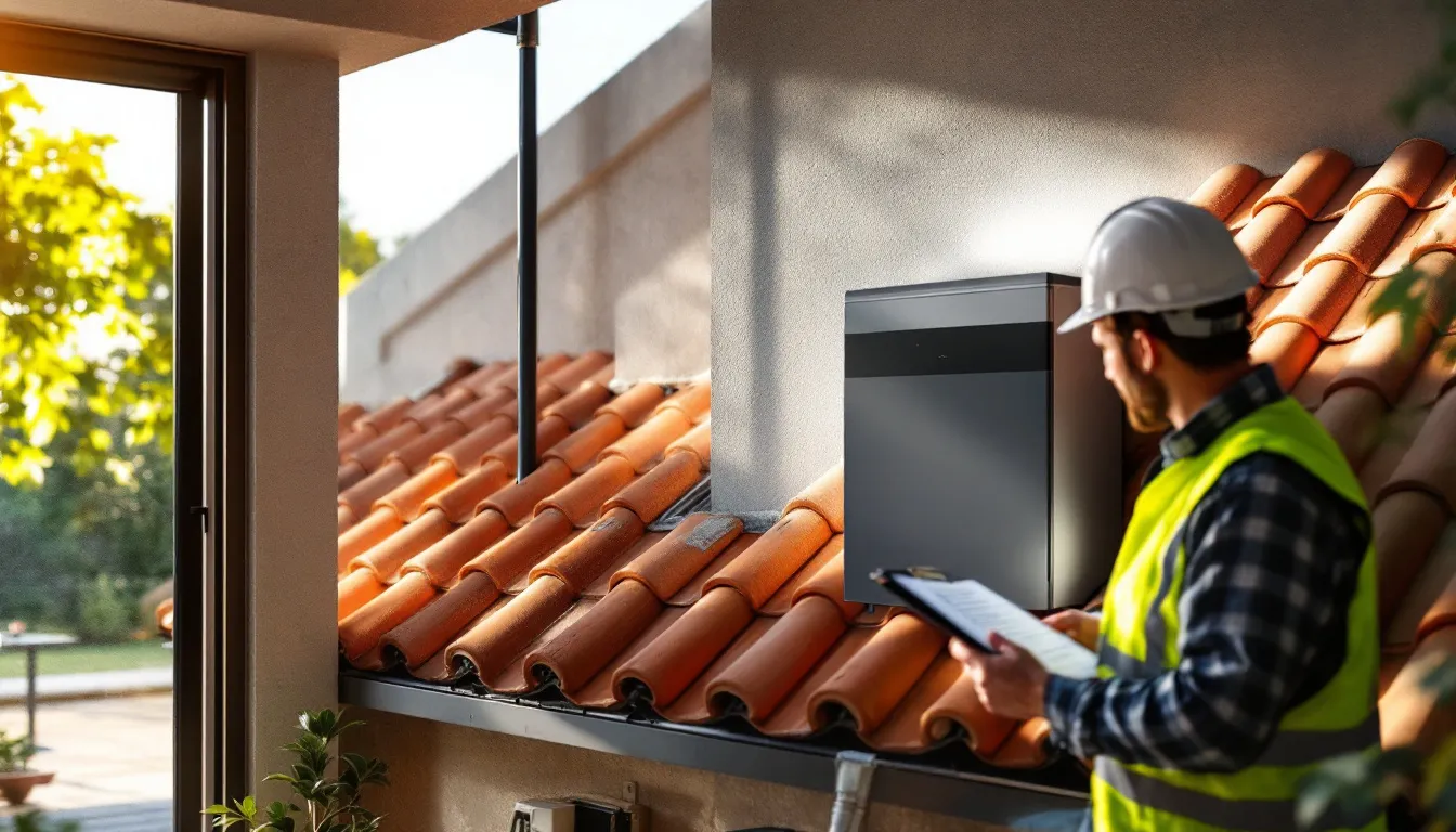 Instalador ajustando paneles solares en tejado residencial español con documentación de cadena de suministro