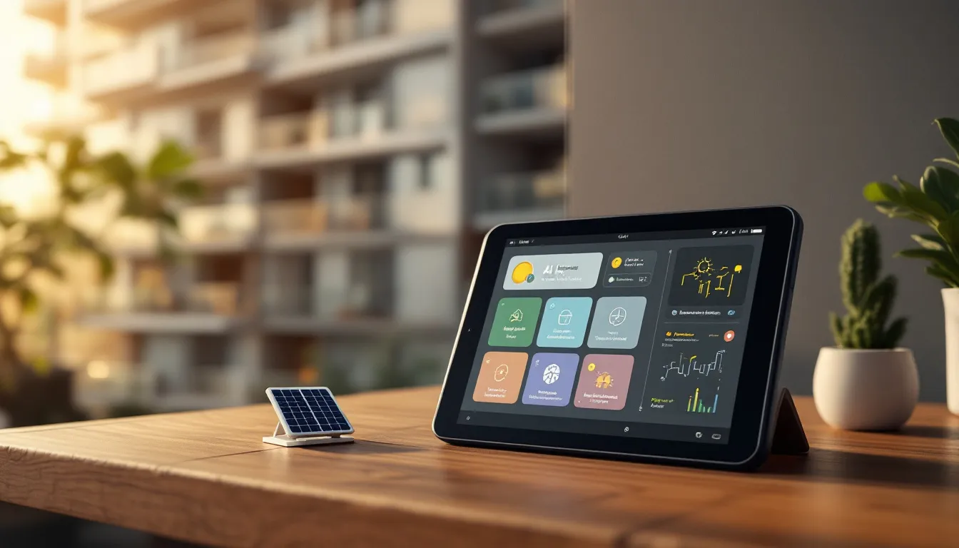 Asistente virtual de IA explicando productos solares a cliente en tablet