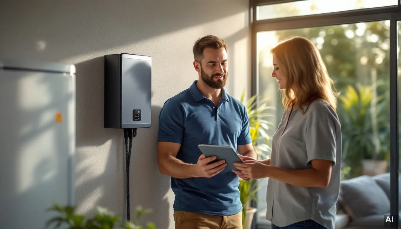 Instalador solar explicando condiciones de tarifa a clientes en su hogar