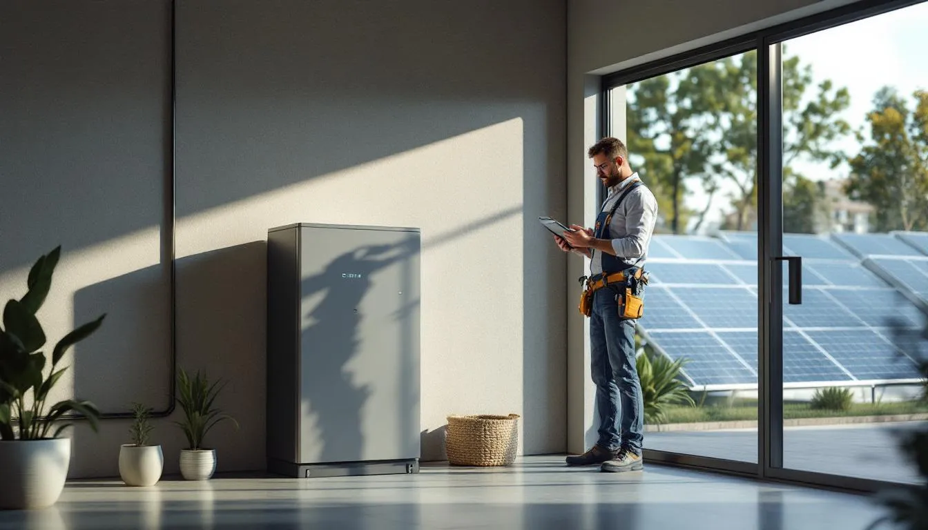 Instalador solar revisando normativa europea en tablet con paneles solares al fondo