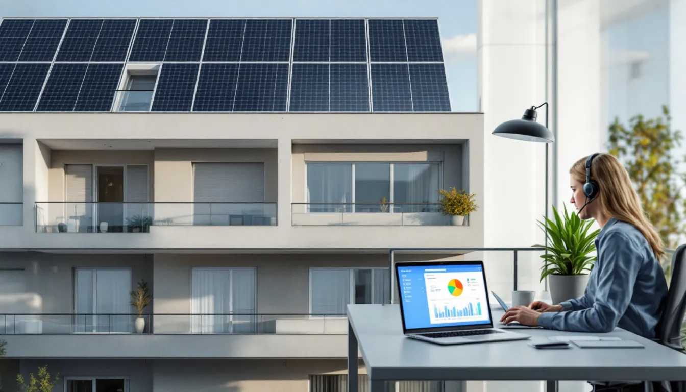 Equipo de instaladora solar con roles separados: técnico y atención al cliente