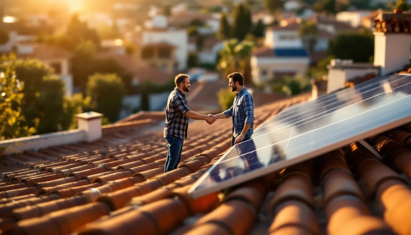 Instalador solar cerrando un trato con cliente satisfecho en vivienda residencial española