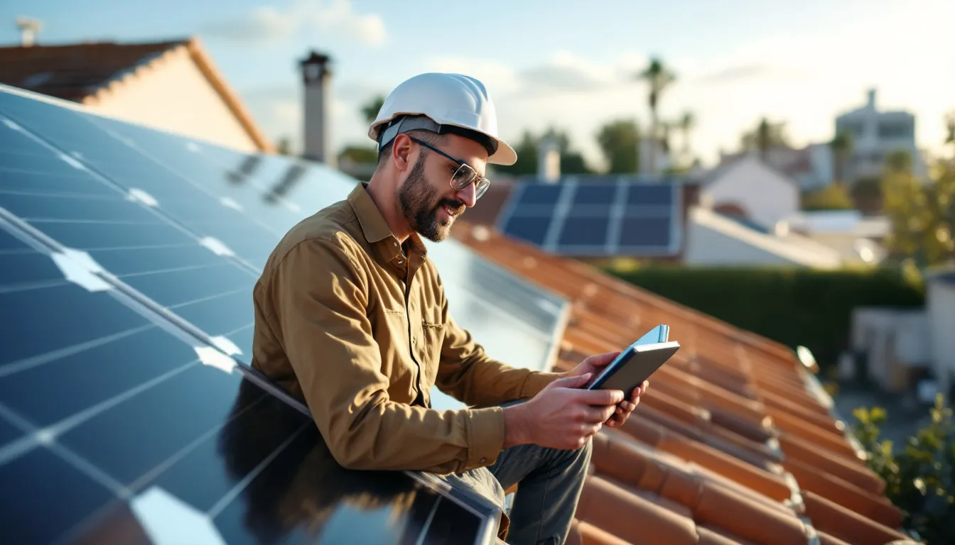 Instalador solar revisando datos de rendimiento en tablet con paneles solares al fondo