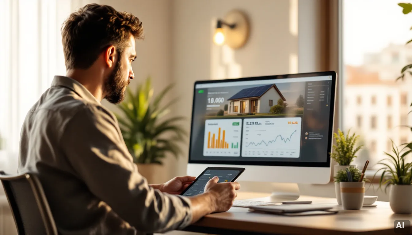 Instalación solar residencial con baterías y propietario revisando datos del mercado eléctrico