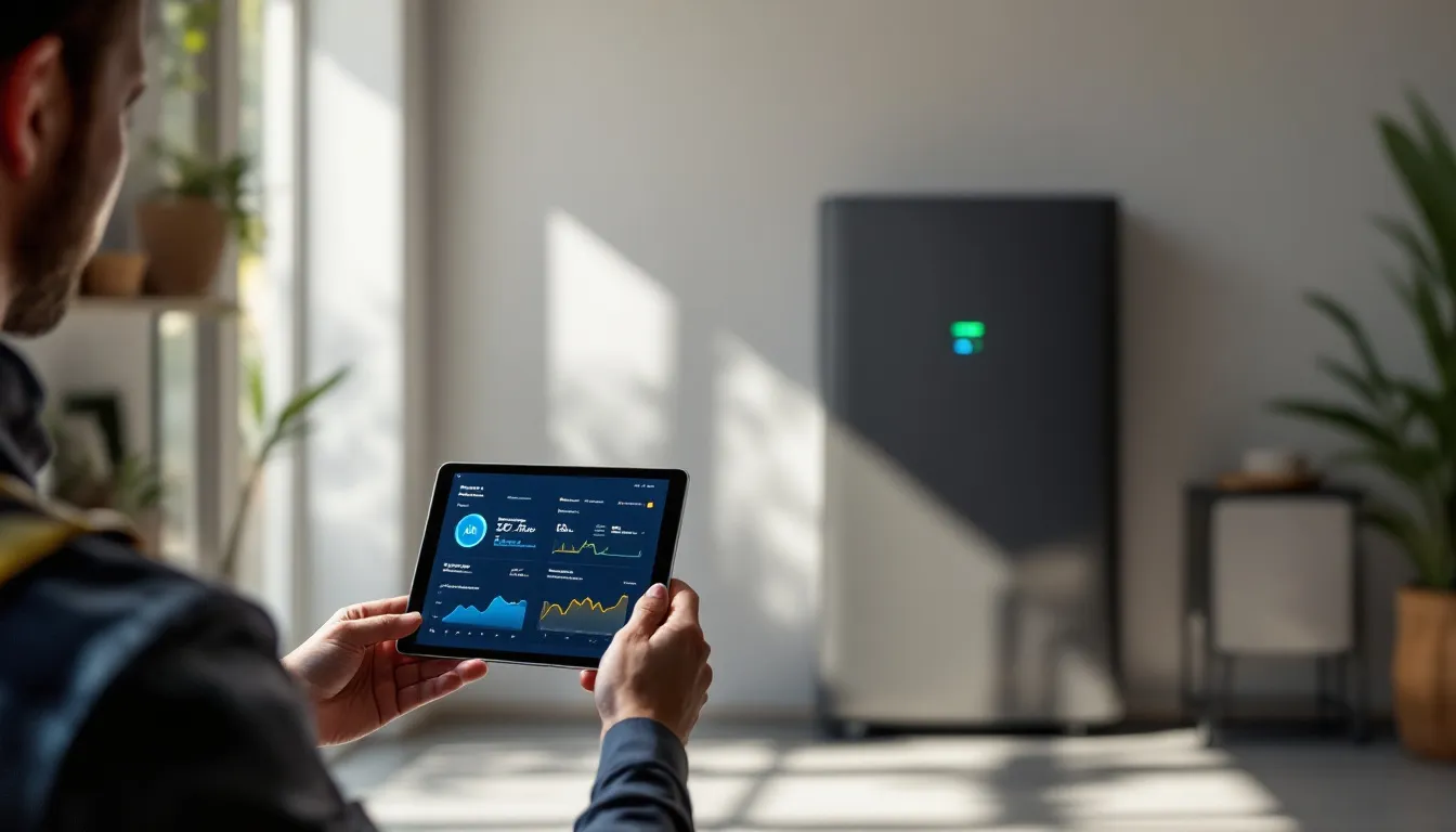 Instalador solar revisando dashboard de IA con recomendaciones de upsell de batería