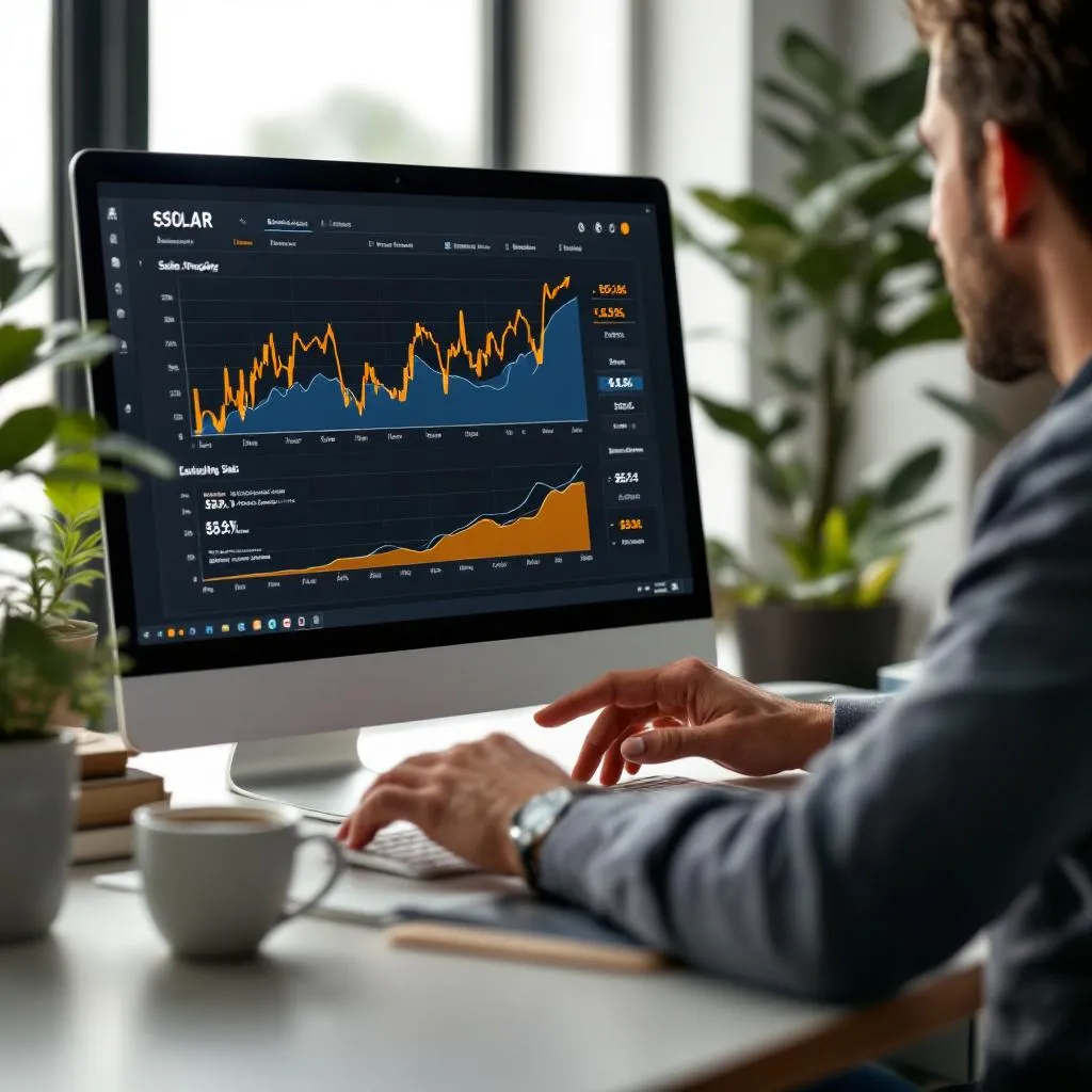 Comercial solar revisando métricas de ventas en su ordenador
