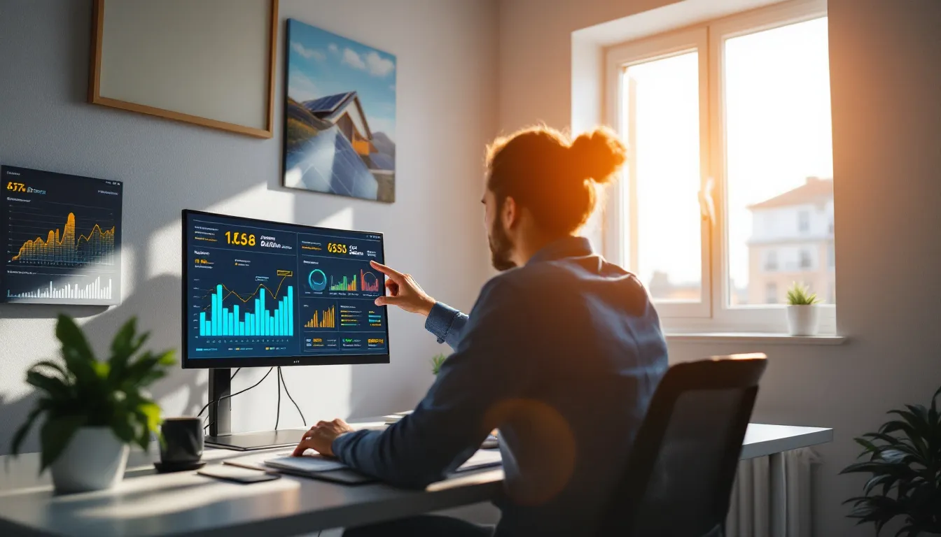 Equipo de instaladora solar analizando datos de feedback y sentimiento de clientes en pantalla