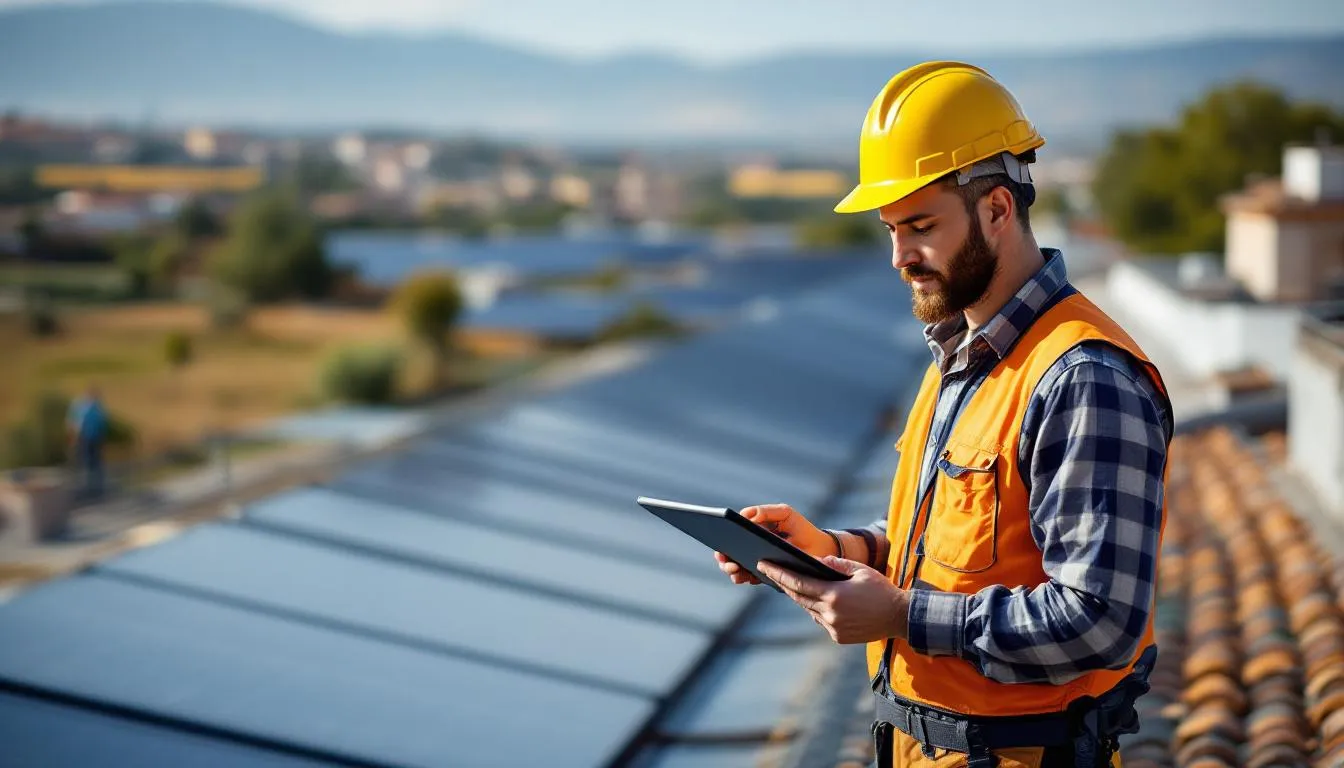 Instalador solar revisando documentación de subvenciones en tejado con placas solares