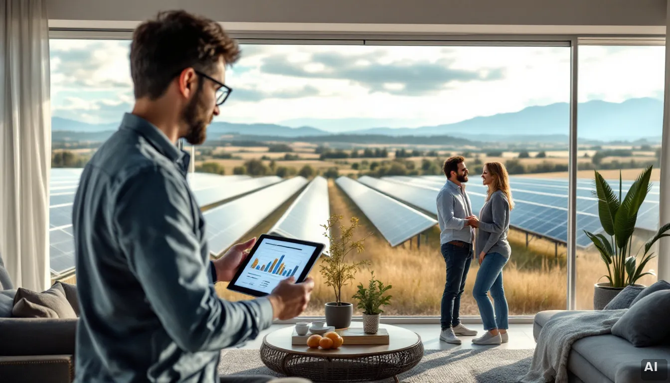 Comercial solar mostrando datos de ahorro energético a clientes en su hogar