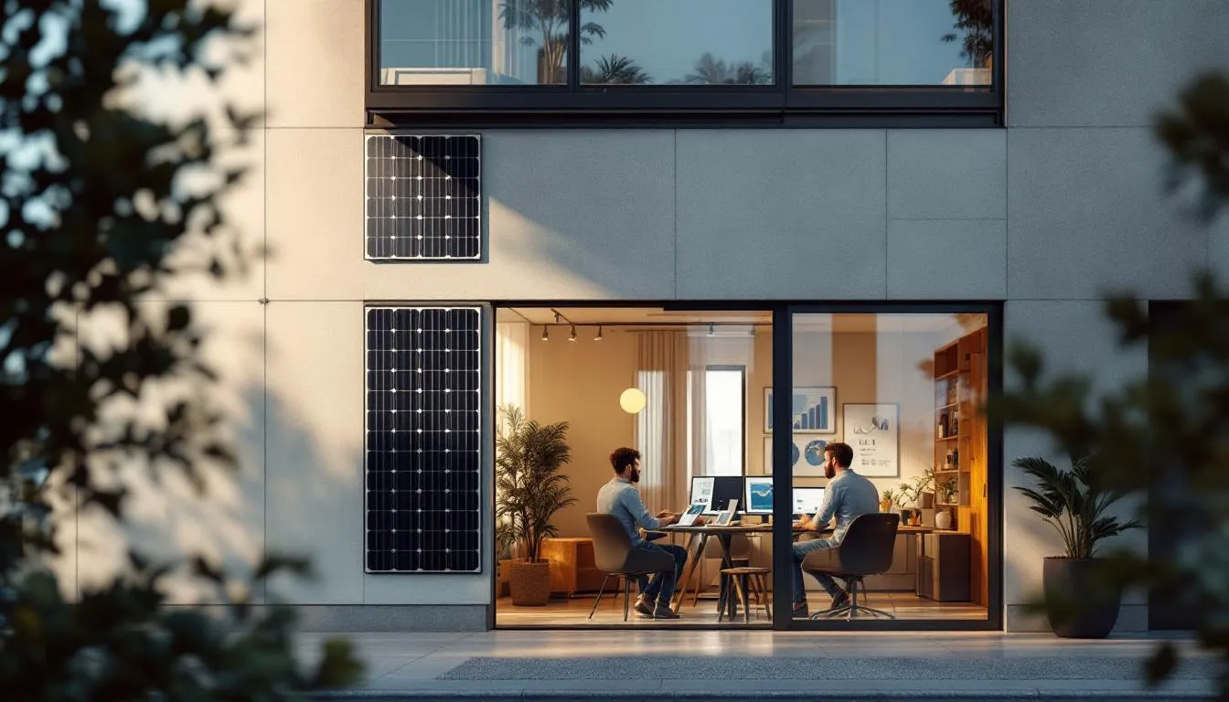 Equipo de instaladora solar española analizando datos de eficiencia en oficina moderna