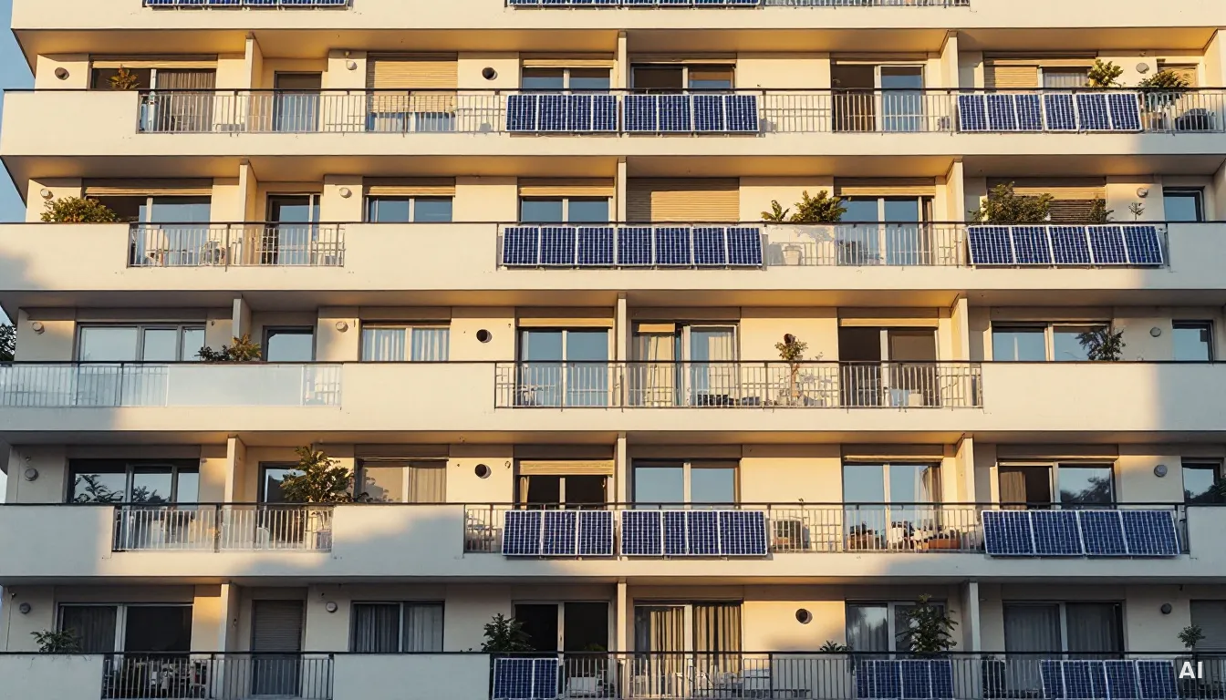 Edificio residencial con paneles solares de balcón instalados en fachada urbana europea