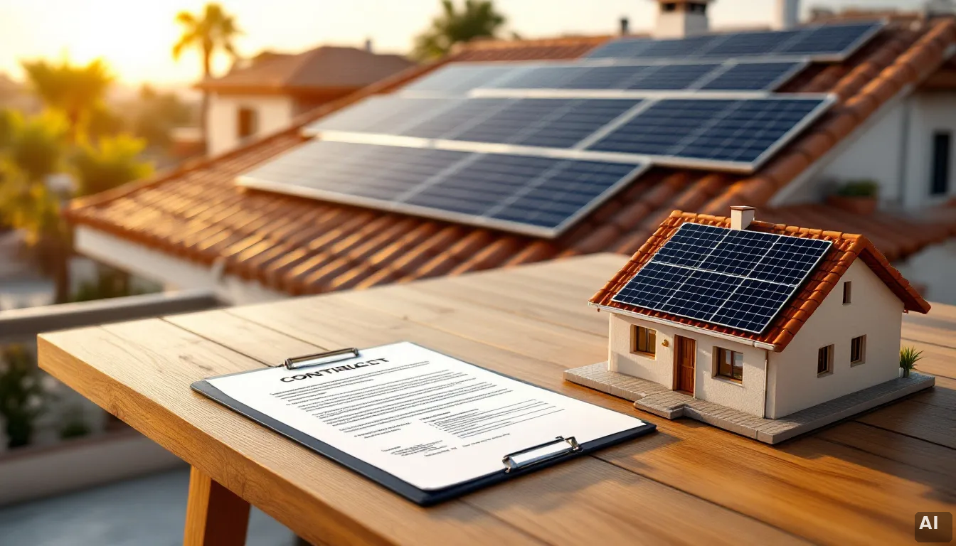 Contrato de instalación solar firmado sobre mesa con maqueta de vivienda con placas solares