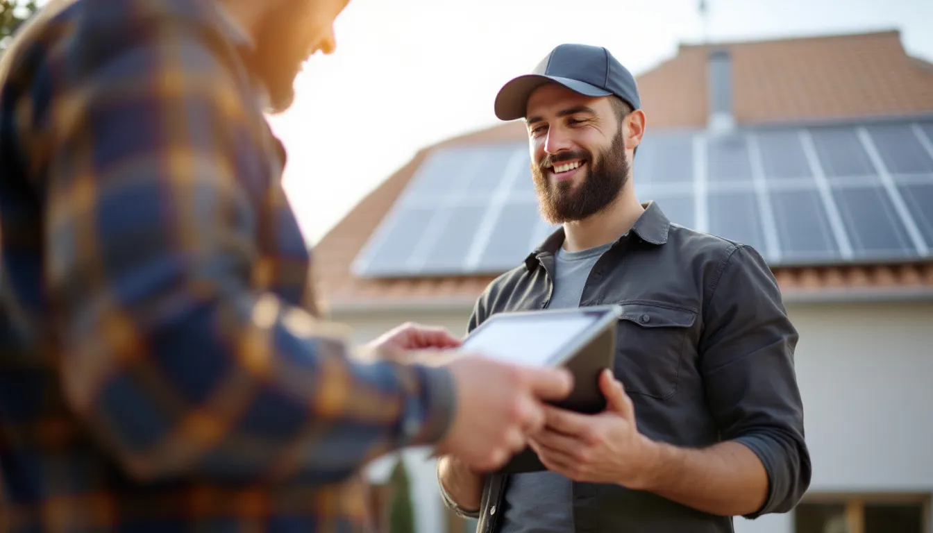 Instalador solar revisando datos comerciales en tablet junto a paneles fotovoltaicos