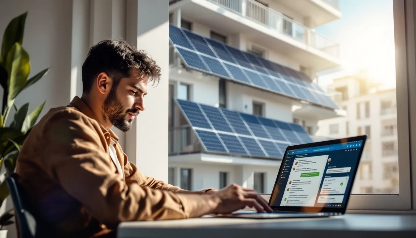 Propietario de instaladora solar revisando contratos recuperados mediante follow-up automático en su oficina