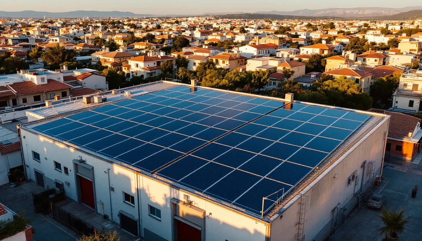 Barrio residencial español con paneles solares instalados en tejados bajo luz dorada