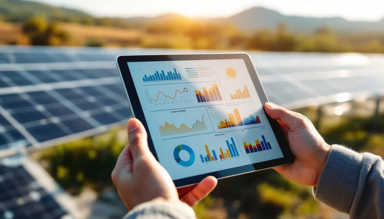 Comercial solar revisando tendencias de mercado generadas por inteligencia artificial en tablet