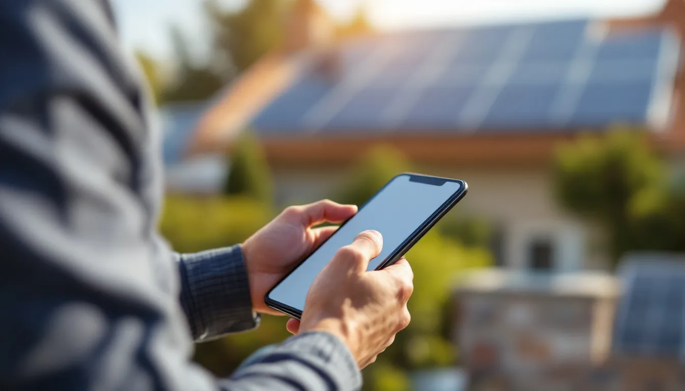 Instalador solar revisando métricas de captación de leads en smartphone