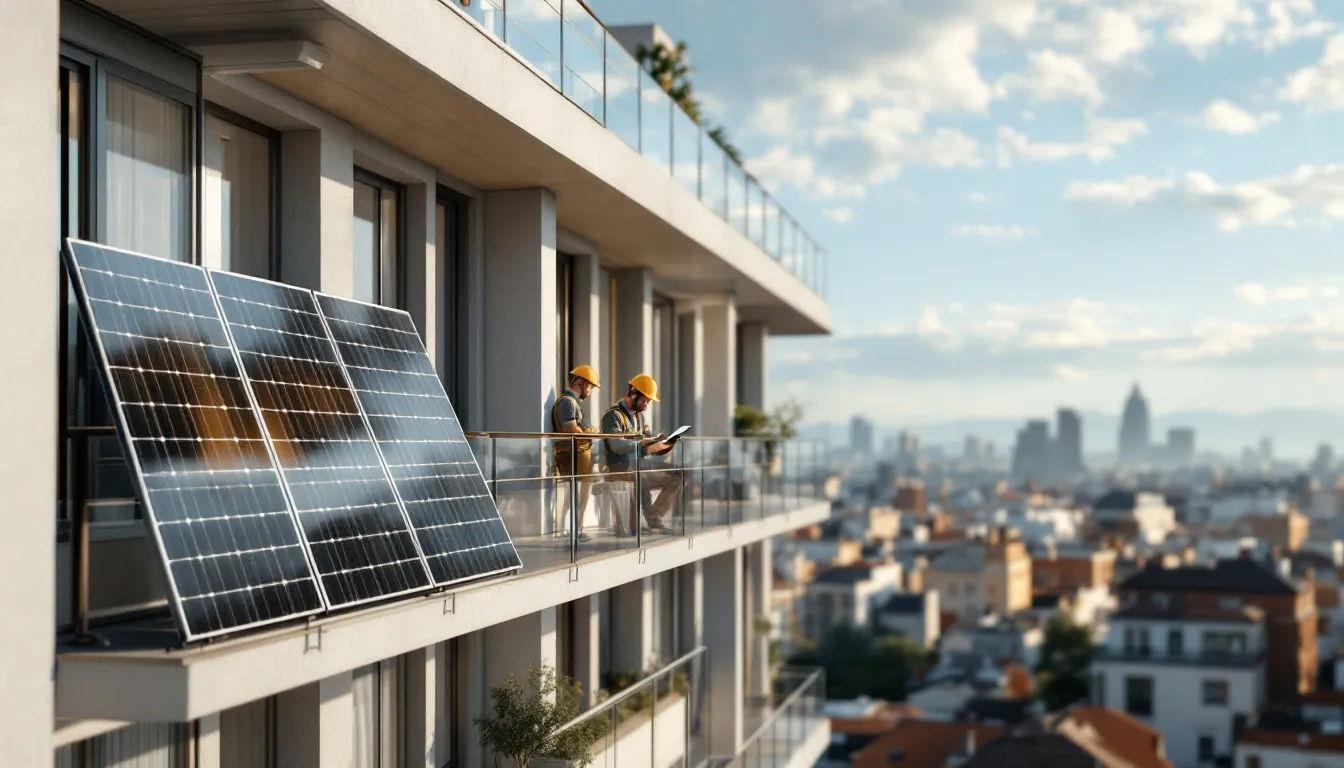 Técnico solar revisando instalación en tejado urbano con tablet digital