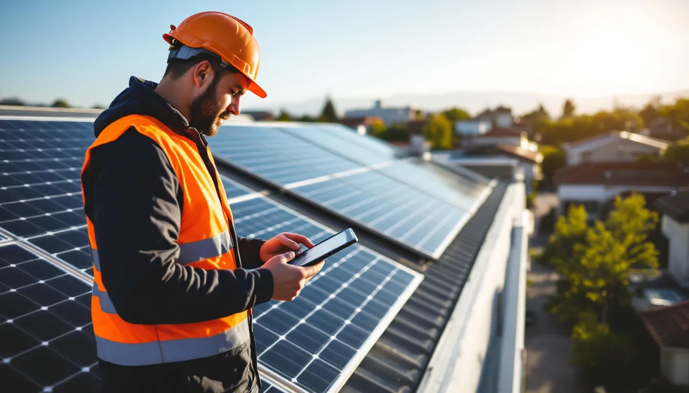 Instalador solar revisando datos comerciales en tablet junto a instalación residencial