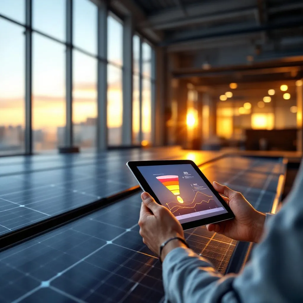 Embudo de ventas solar en tablet con instalaciones solares de fondo