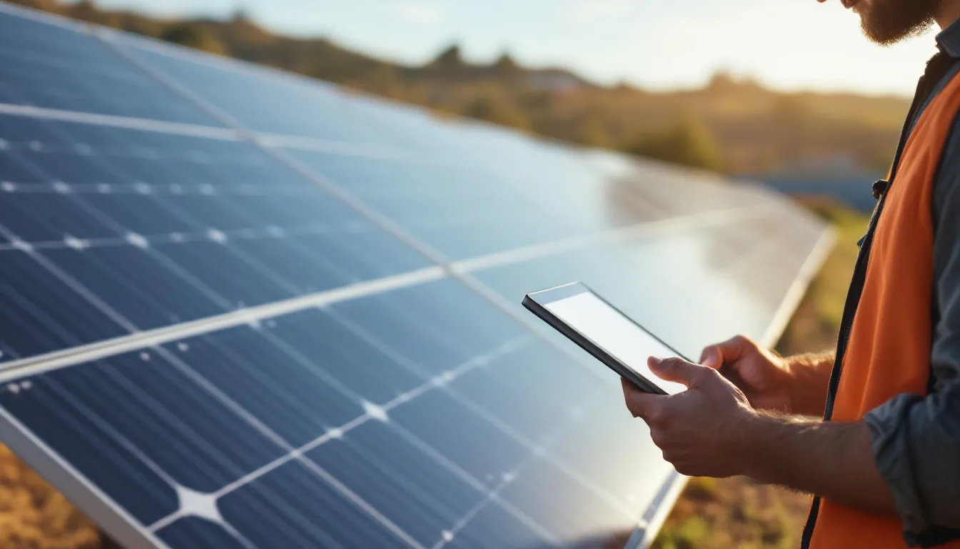 Instalador solar revisando documentación técnica en tablet junto a paneles fotovoltaicos en tejado residencial