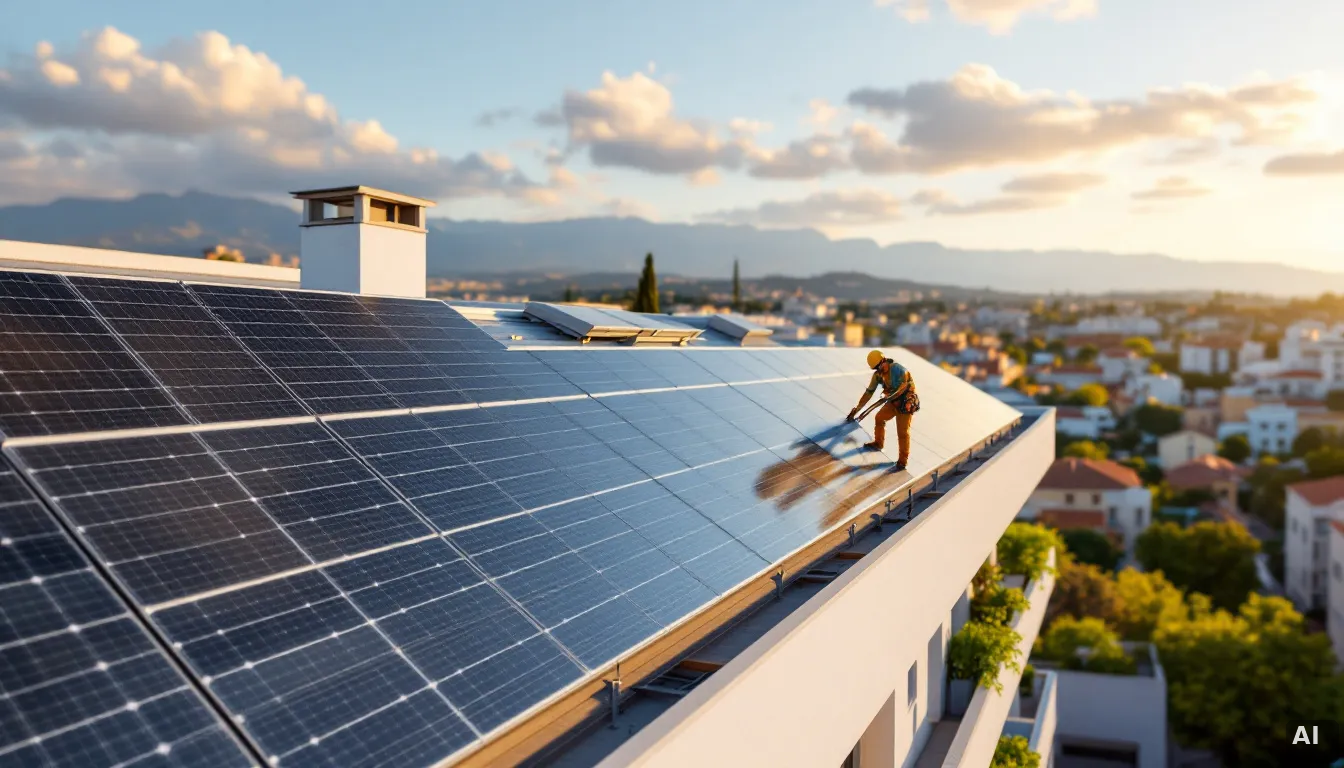 Instalación solar en cubierta de edificio público con técnicos inspeccionando paneles