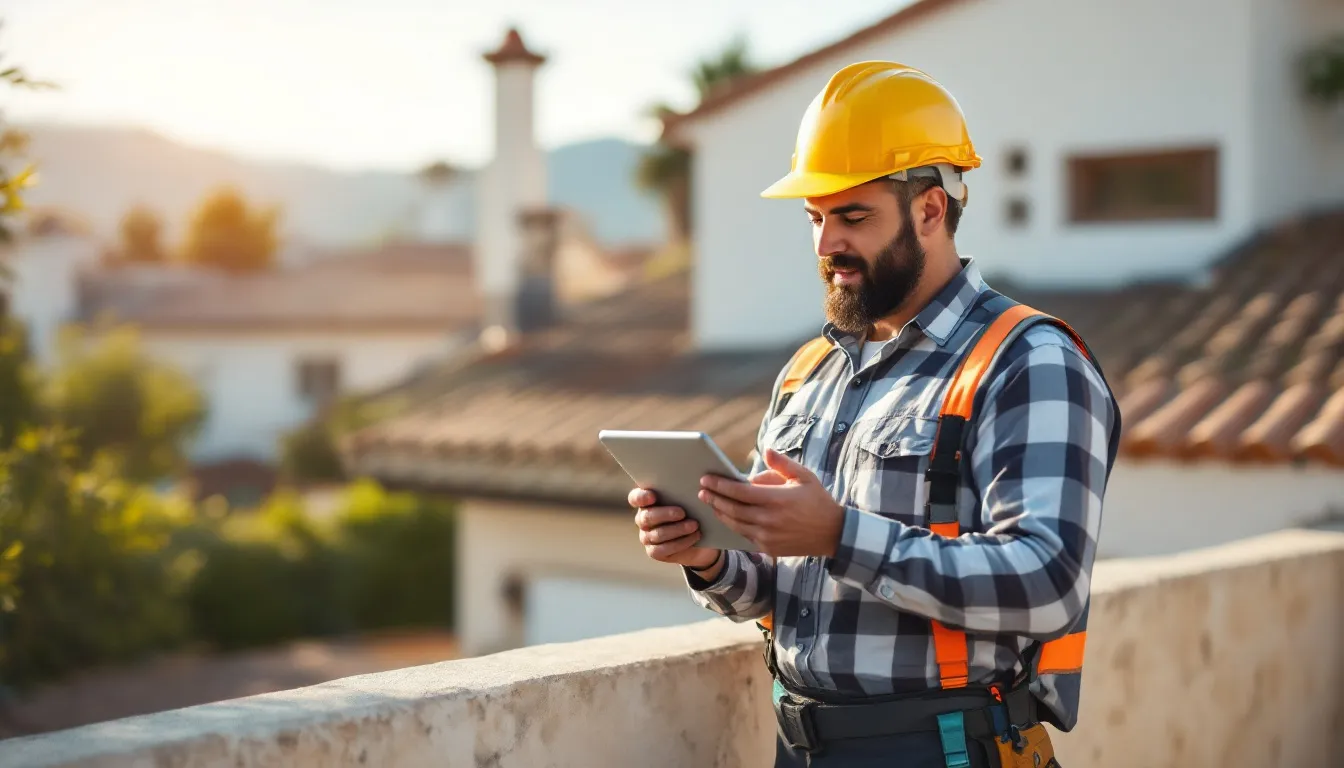 Instalador solar revisando datos en tablet sobre tejado residencial en España