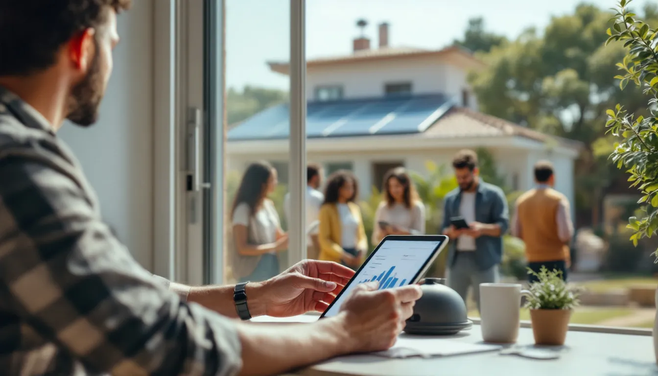 Técnico solar explicando comunidad energética a vecinos con tablet